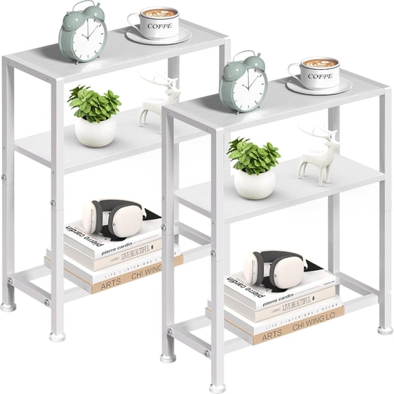 Hanyu Narrow Side Table Set of 2 for Small Space, 2-Tier Small End Table with Shelf Holder, Slim Nightstand, Skinny Snack Couch Table in Living Room, Bedroom, Study, Kitchen and Balcony (White)