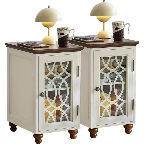 Narrow Side Table Set of 2 Farmhouse Nightstand with Storage Shelves Bedside Tables End Table for Bedroom Modern Wood Nightstand Living Room,White