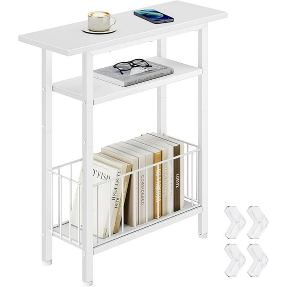 Narrow Side Table, Skinny Side Table for Couch, 3-Tier Small End Table for Small Spaces, Bed Side Tables with Storage, 25.2" Tall Slim Nightstand Bedside table for Living Room, Bedroom, White