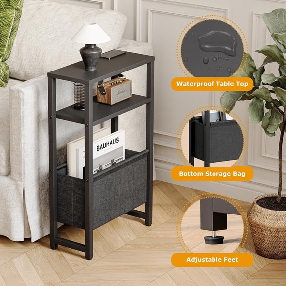 Narrow Side Table, Slim End Table with Magazine Rack, Skinny Bedside Table for Small Spaces, 3 Tier Sofa Couch Table Nightstand for Living Room, Bedroom,Oak Grey