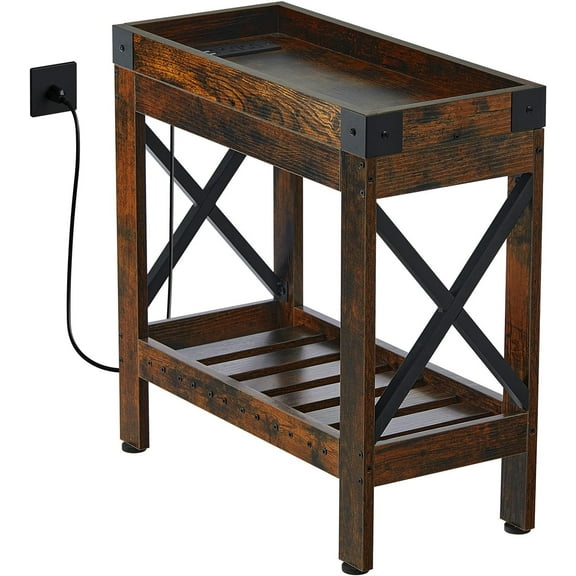 Narrow Side Table, Slim End Table with Charging Station for Small Spaces, with 2 USB and 2 Power Outlets, 21.7" L x 10" W x 21.7" H