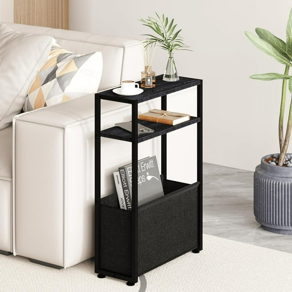 Narrow Side Table, Slim End Tables with Fabric Basket, Skinny Table for Small Spaces, Thin Bedside Table for Living Room, Bedroom