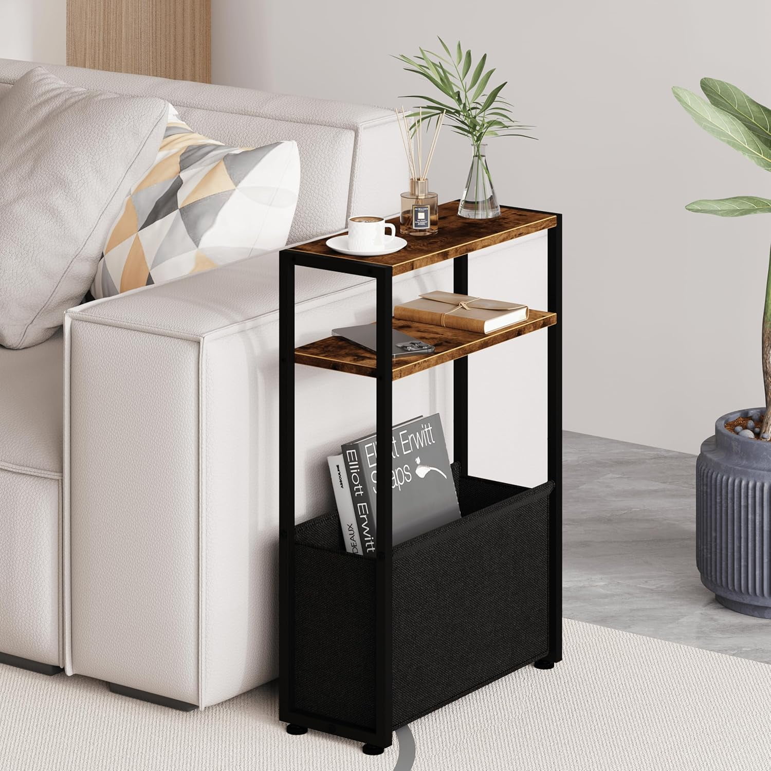 Narrow Side Table, Slim End Tables with Fabric Basket, Skinny Table for ...