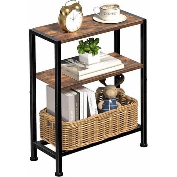 Narrow Side Table for Small Space, 2-Tier Small End Table with Shelf Holder, Slim Nightstand, Skinny Snack Couch Table in Living Room, Bedroom, Study, Kitchen and Balcony (Rustic Brown &Black)