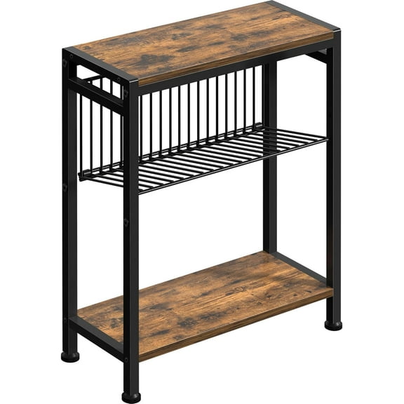 Narrow Side Table for Small Space, 3-Tier End Table with Magazine Holder, Slim Nightstand with Wire Shelf, Skinny Bedside Table in Living Room, Bedroom, Study, Kitchen and Balcony (Black)