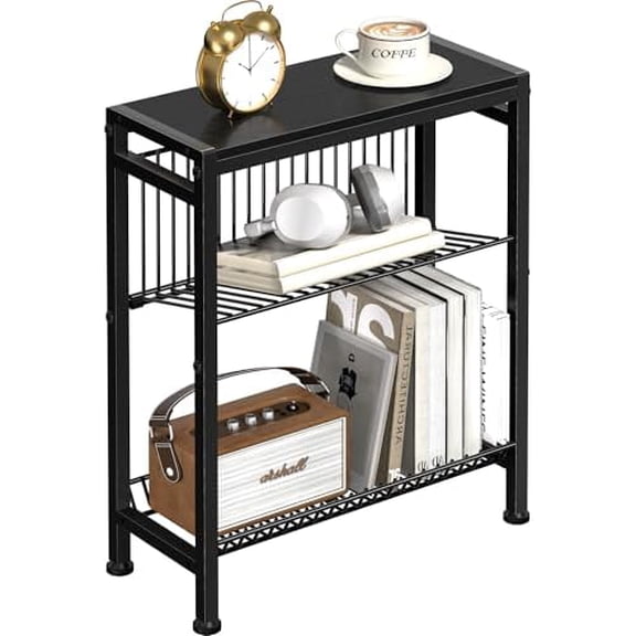 Narrow Side Table for Small Space, 3-Tier End Table with Magazine Holder, Slim Nightstand with Wire Shelf, Skinny Bedside Table in Living Room, Bedroom, Study, Kitchen and Balcony (Black)
