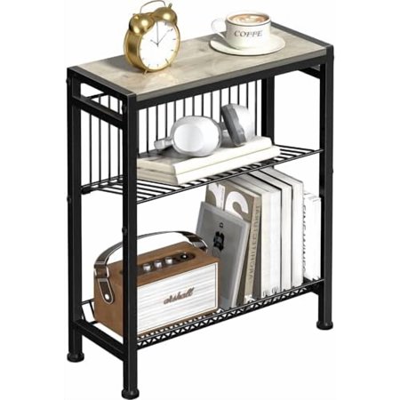 Narrow Side Table for Small Space, 3-Tier End Table with Magazine Holder, Slim Nightstand with Wire Shelf, Skinny Bedside Table in Living Room, Bedroom, Study, Kitchen and Balcony(Greige)