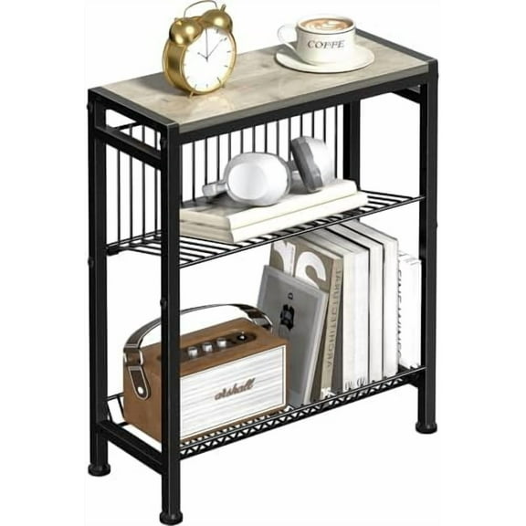 Narrow Side Table for Small Space, 3-Tier End Table with Magazine Holder, Slim Nightstand with Wire Shelf, Skinny Bedside Table in Living Room, Bedroom, Study, Kitchen and Balcony(Greige)