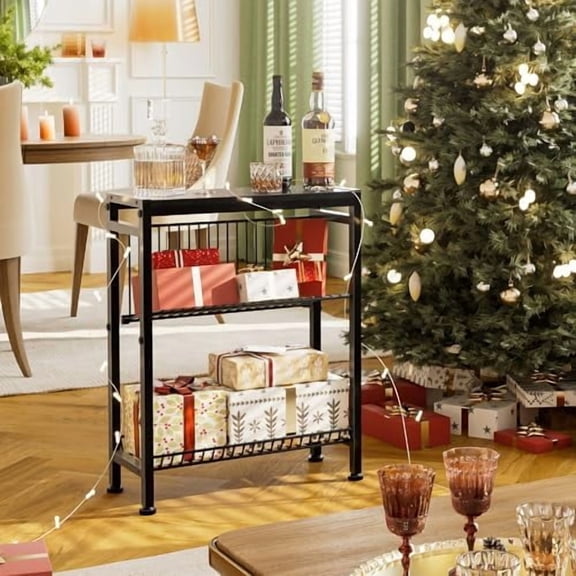 Narrow Side Table for Small Space, 3-Tier End Table with Magazine Holder, Slim Nightstand with Wire Shelf, Skinny Bedside Table in Living Room, Bedroom, Study, Kitchen and Balcony (Black)