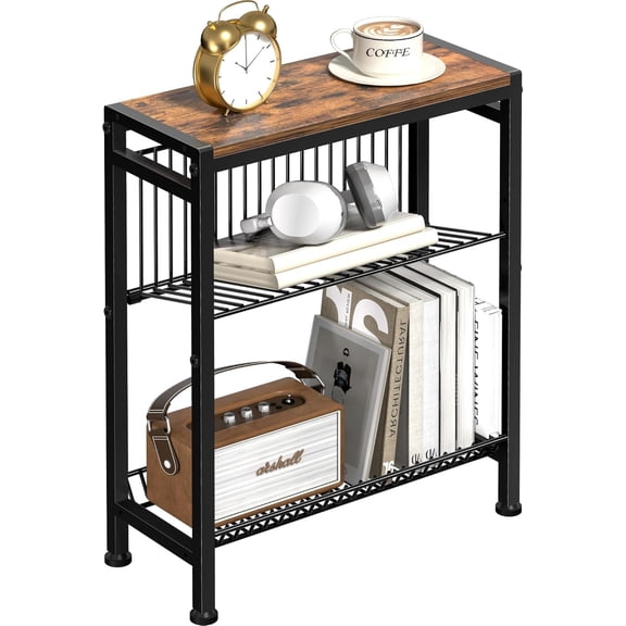 Narrow Side Table for Small Space, 3-Tier End Table with Magazine Holder,Slim Nightstand with Wire Shelf, Skinny Bedside Table in Living Room, Bedroom, Study, kitchen and Balcony (Rustic Brown)
