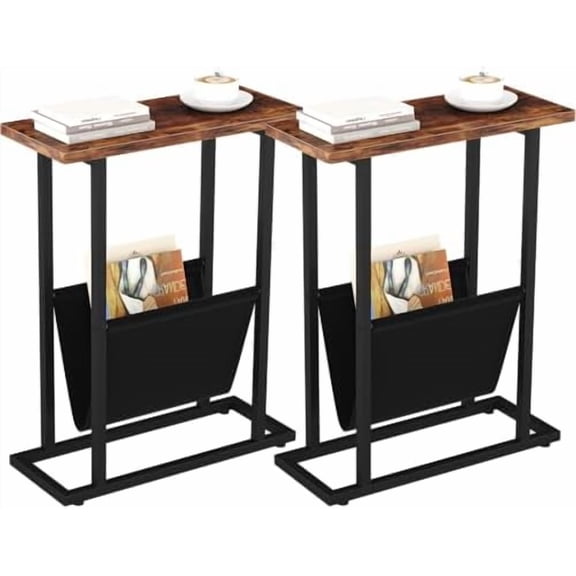 Narrow Side Table for Small Spaces, Small End Table Set of 2 with Magazine Holder, Skinny Slim Little Thin Table for Living Room, Bedroom, Sofa, Rustic Brown
