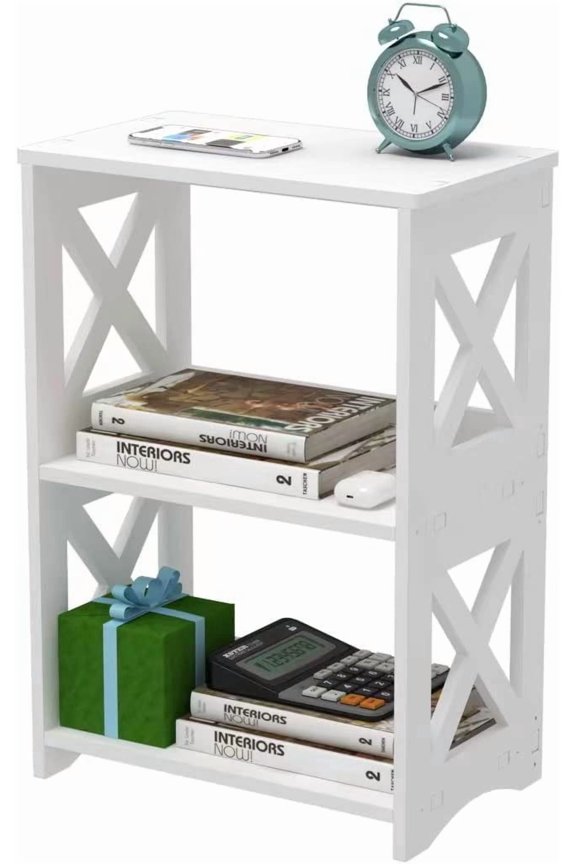 3-Tiers Narrow Side Table, Slim Nightstand Bedside Table, Small Bookshelf | Modern End Table for Small Spaces, Living Room, Bedroom, Bathroom and Office.