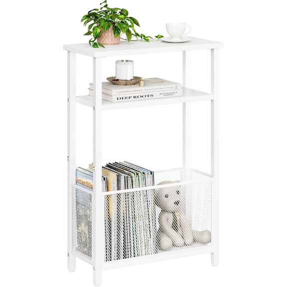 Narrow Side Table with Storage Basket Skinny End Tables for Smalls Spaces 3 Tier Sofa Table Small Nightstand Slim Bedside Table for Living Room Bedroom White
