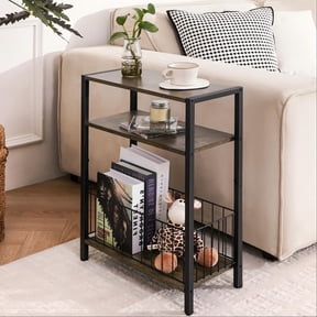 Narrow Side Table with Storage Basket, Small End Table for Small Spaces, Skinny End Tables Living Room Bedroom Office, 3 Tier Slim Nightstand, Brown