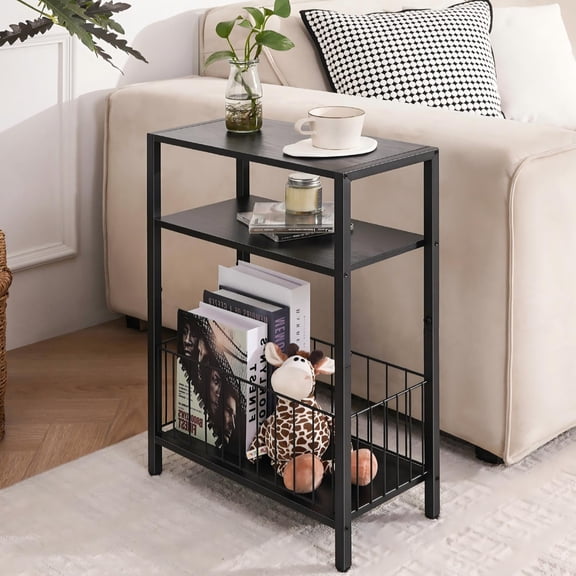 Narrow Side Table with Storage Basket, Small End Table for Small Spaces, Skinny End Tables Living Room Bedroom Office, 3 Tier Slim Nightstand Black