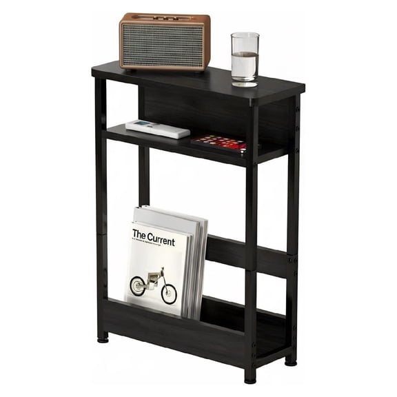 Narrow Side Table with Storage Shelf, 3-Tier Slim End Table with Magazine Holder, Modern Thin Side Tables for Couch or Small Spaces, Skinny Nightstand for Living Room or Bedroom