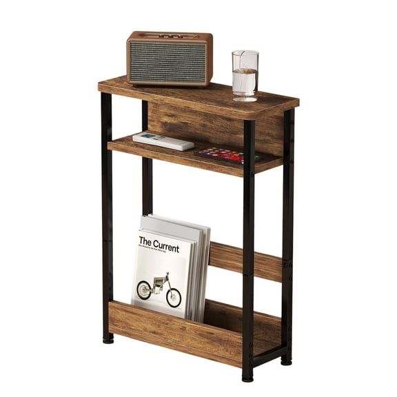 Narrow Side Table with Storage Shelf, 3-Tier Slim End Table with Magazine Holder, Modern Thin Side Tables for Couch or Small Spaces, Skinny Nightstand for Living Room or Bedroom Brown