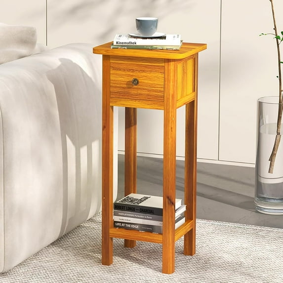Narrow Side Table, Tall Nightstand with Drawer and Shelf, Small Bedside Tale for Small Space, Living Room End Tables, No Assembly (1, Brown)