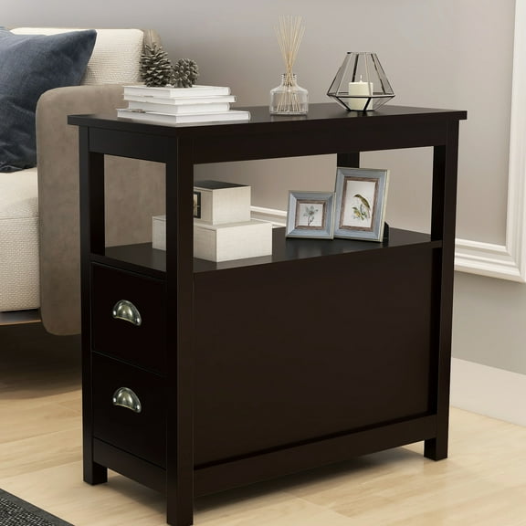 Narrow Side Table With Two Drawers And Open Shelf - Brown. Rich Storage, E1 & Solid Pine, Painted Top, Simple Installation Nightstand In Sufficient Storage Room, Table, Easy To Assemble