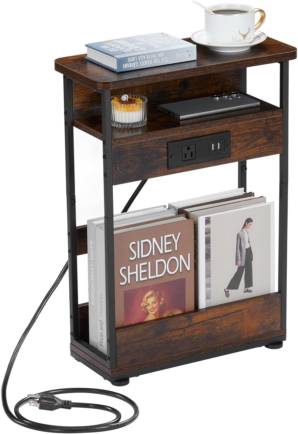 Narrow Side Table With Charging Station, 3Tier End Table with 2 USB