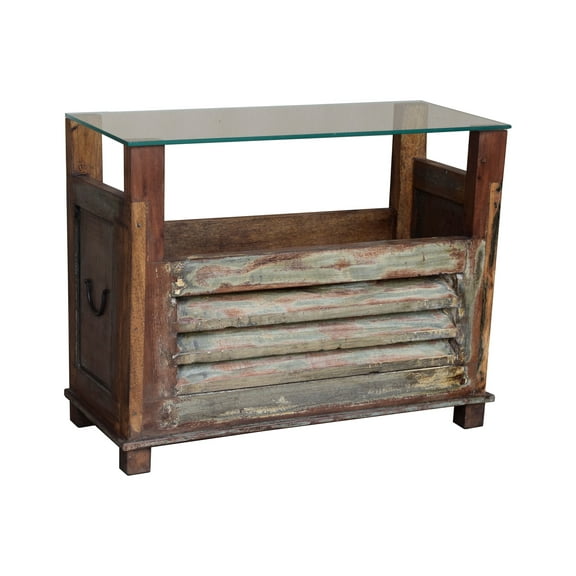 Narrow Side Table With Top On Glass | Distressed Brown Solid Wood Magazine Rack | Entryway Living Decorative Table | Handmade Accent Table