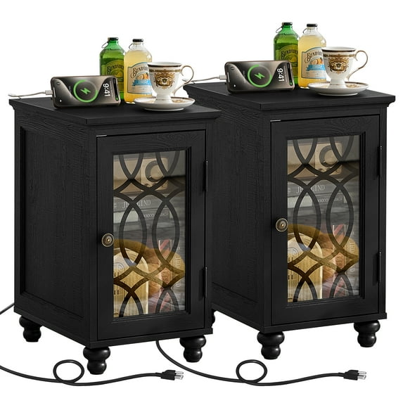 Narrow Side Table for Bedroom Set of 2 with Charging Station, Farmhouse End Tables for Living Room Nightstand with Drawer, Black