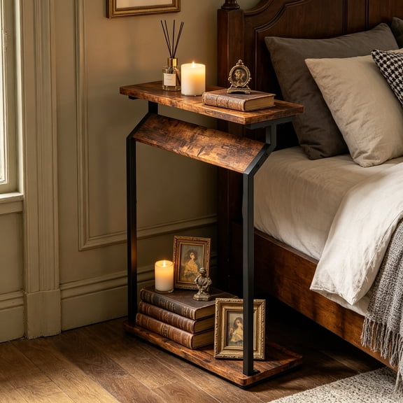 Narrow Side Table for Small Spaces, End Table for Couch, Slim Couch Tray Table, Skinny Thin End Table for Living Room Bedroom, Rustic Brown
