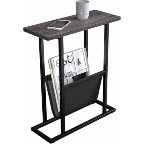 Narrow Side Table for Small Spaces, Small End Table with Magazine Holder, Skinny Slim Little Thin Table for Living Room, Bedroom, Sofa, Grey Oak