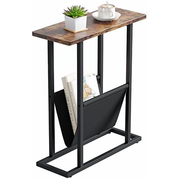 Narrow Side Table for Small Spaces, Small End Table with Magazine Holder, Skinny Slim Little Thin Table for Living Room, Bedroom, Sofa, Rustic Brown
