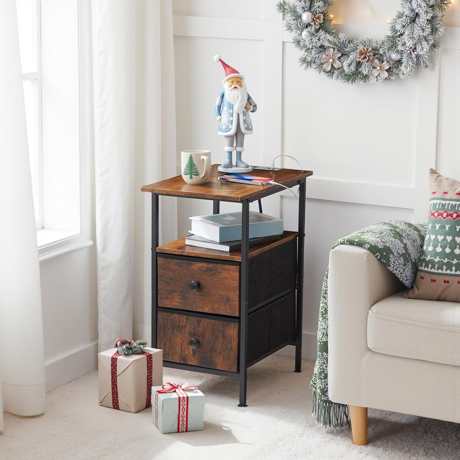 Narrow Side Table with Charging Station, Rustic Brown and Black End ...