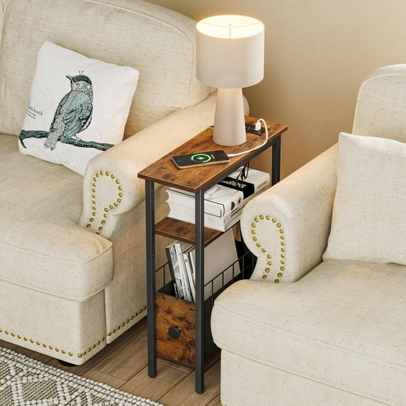 Narrow Side Table with Charging Station, Slim End Table for Small Spaces, 3 Tier Skinny Nightstand with Drawer