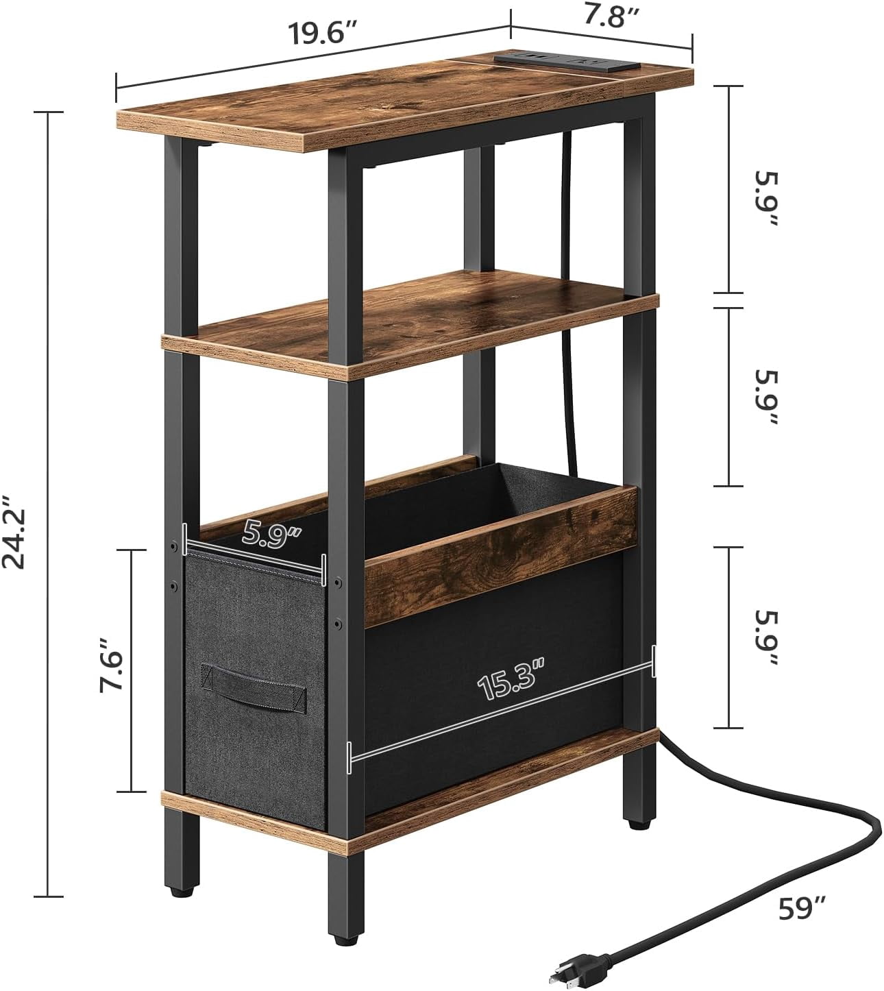 Narrow Side Table with Charging Station, Slim Nightstand for Small ...