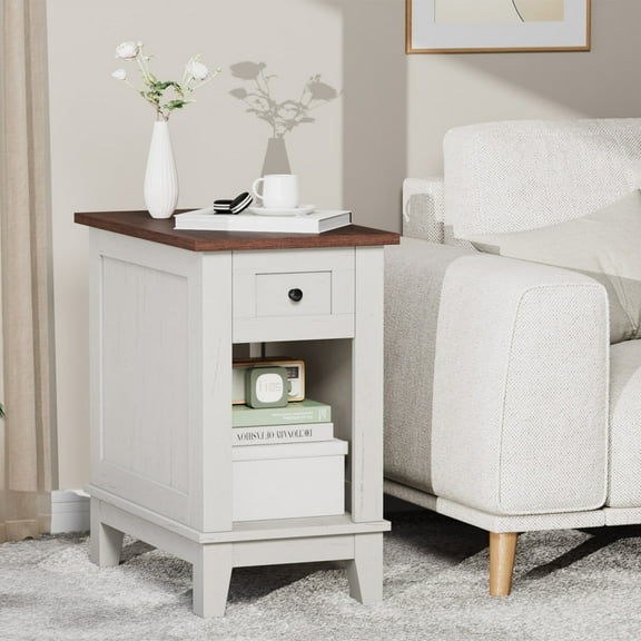 Narrow Side Table with Charging Station, Small End Tables with Darwer and Shelf, Sofa Table, Nightstand
