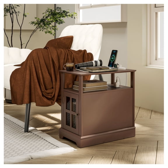 Narrow Side Table with Charging Station, USB Ports, Modern End Table with Storage for Living Room, Brown