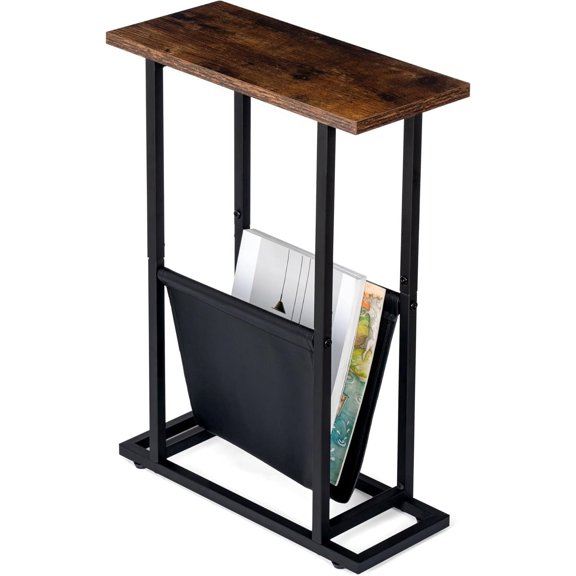 Narrow Side Table with PU Leather Magazine Holder Rustic Slim Little Thin Table for Living Room, Bedroom, Sofa, Rustic Brown