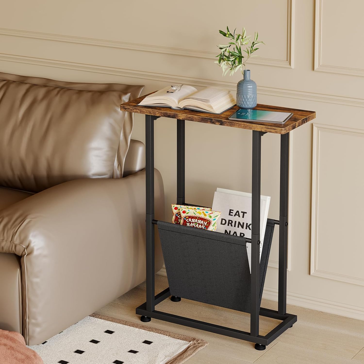 Narrow Side Table with Storage Shelf, Slim Magazine Table for Small ...