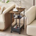 thumbnail image 1 of Narrow Side Table with Wheels, 3-Layer Storage Shelves, Slim Nightstand, Rustic Brown, for Small Spaces, 1 of 7