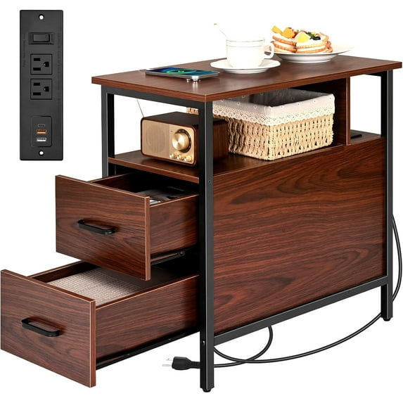 Narrow Side Tables with Charging Station, Narrow End Table with Wooden Drawers, USB Ports and Power Outlets, Nightstand and Bedside Table for Bedroom, End Tables Living Room, Espresso