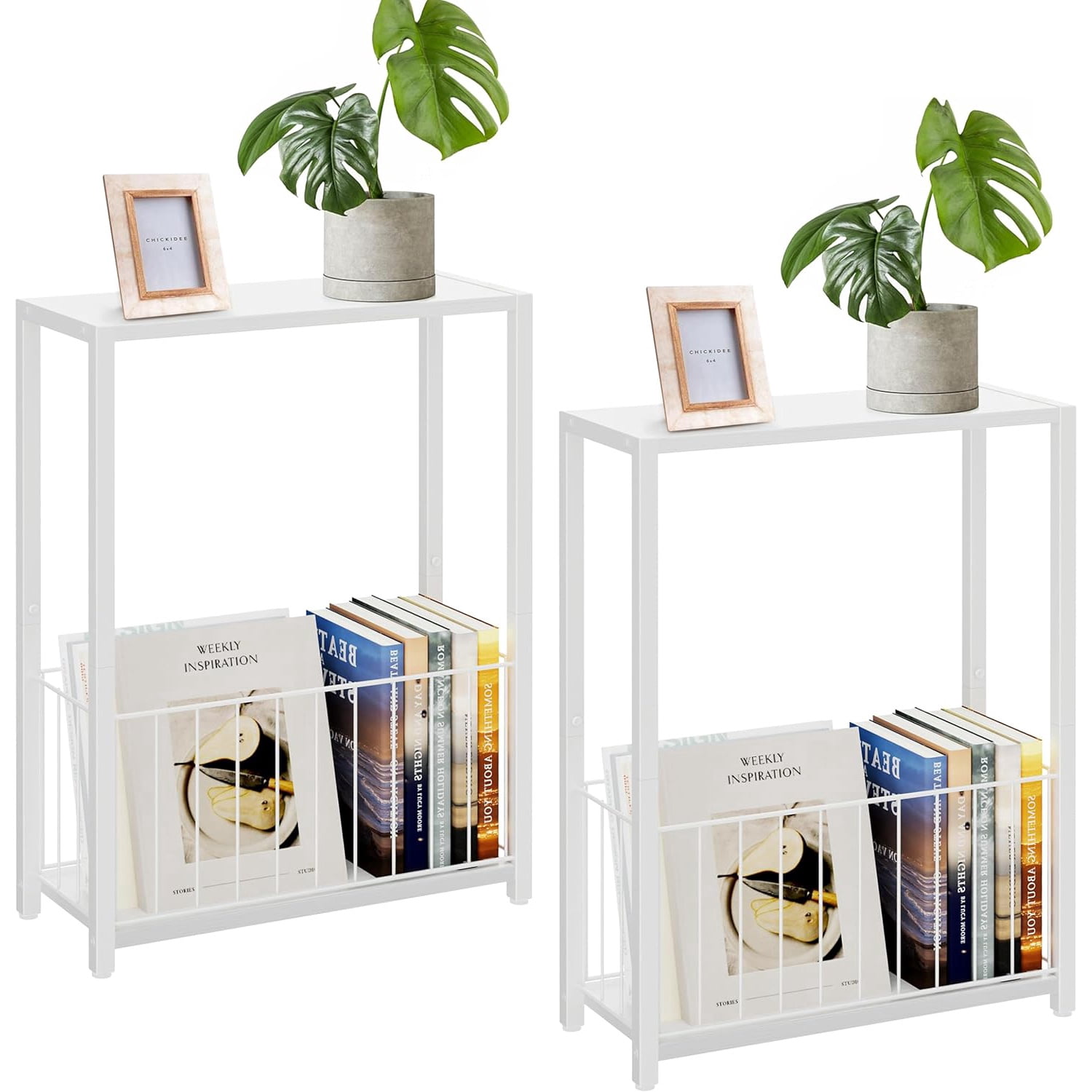 Narrow Side Tables Set of 2 with Magazine Holder, Skinny End Tables ...