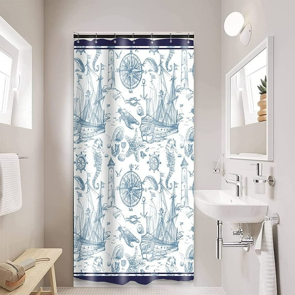 Narrow Size 36x72 Nautical Shower Curtain Set with Hooks Washable Water Repellent Fabric Bath Curtain Vintage Navy Shower Curtain Easy Install for Home Bathtubs Decoration