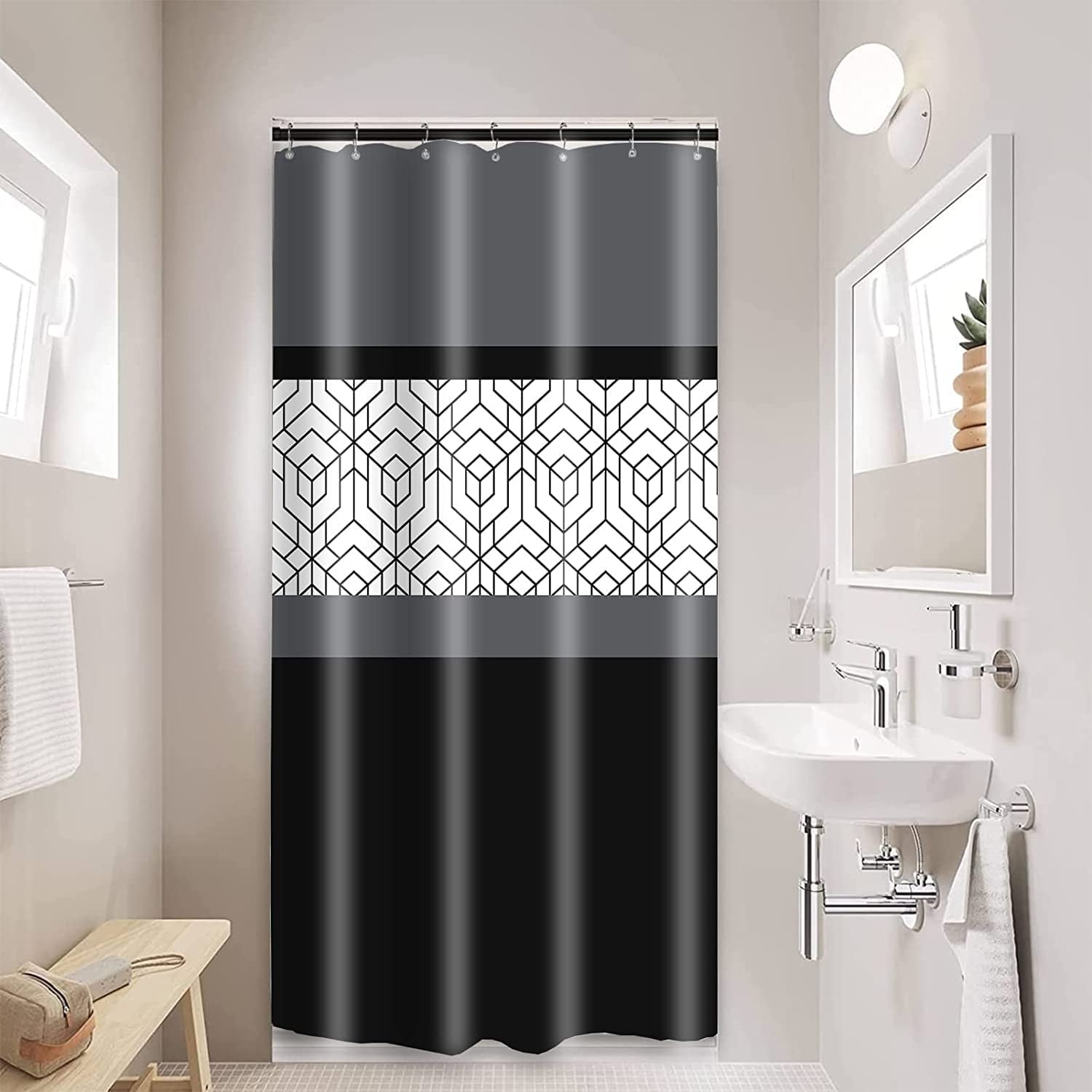Narrow Size Stall 36"x72" Modern Farmhouse Shower Curtain Set for Bathroom with Hooks Grey Black White Boho Bath Curtain Abstract Plaid Water Repellent Polyester Shower Curtain Trim