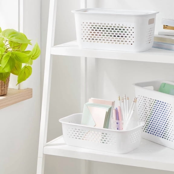 Narrow Small Decorative Plastic Bin White - Modern Storage with Cut-Out Handles, 13" Cube Compatible