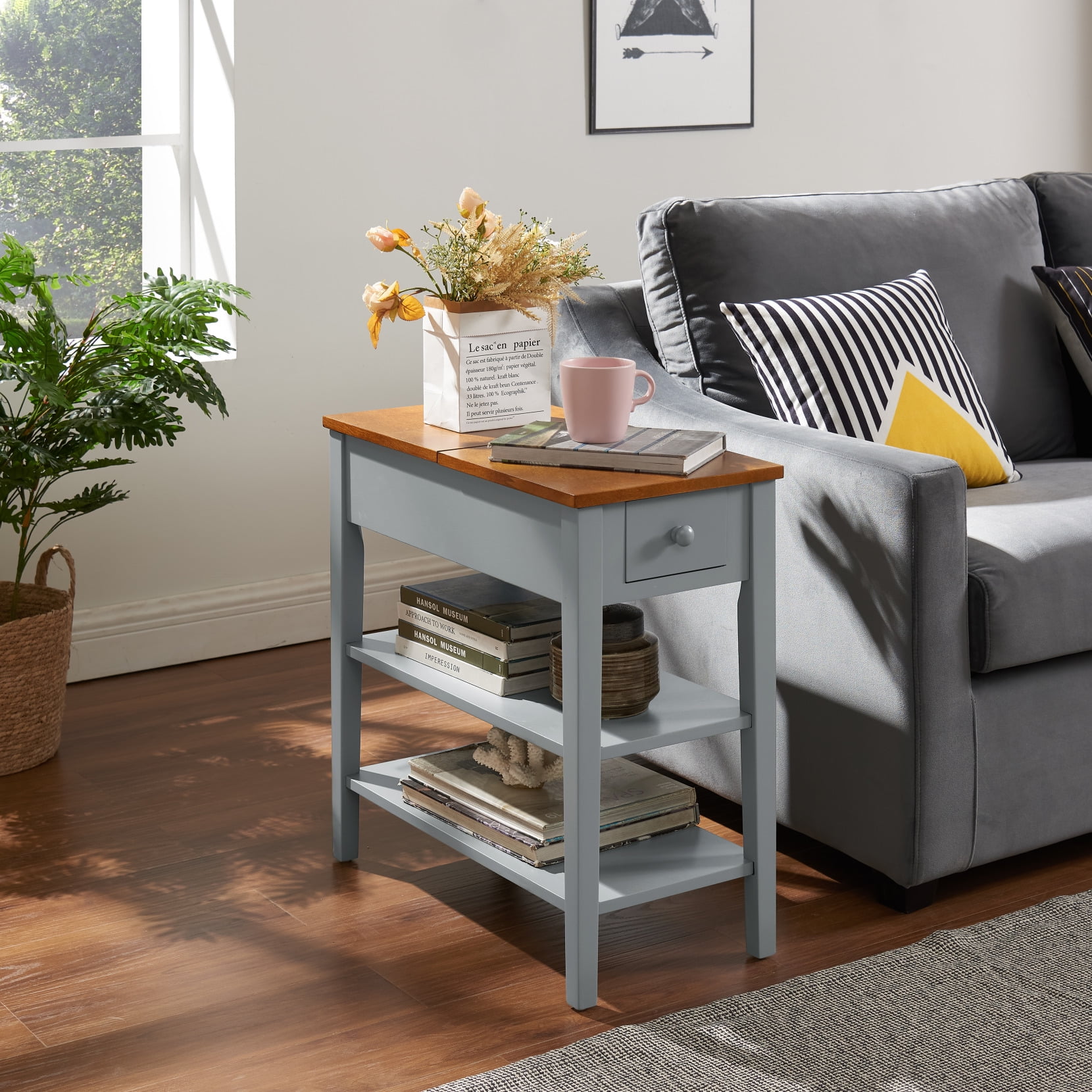 Narrow Small End Table with Charging Ports, Wooden Bed Side Table with