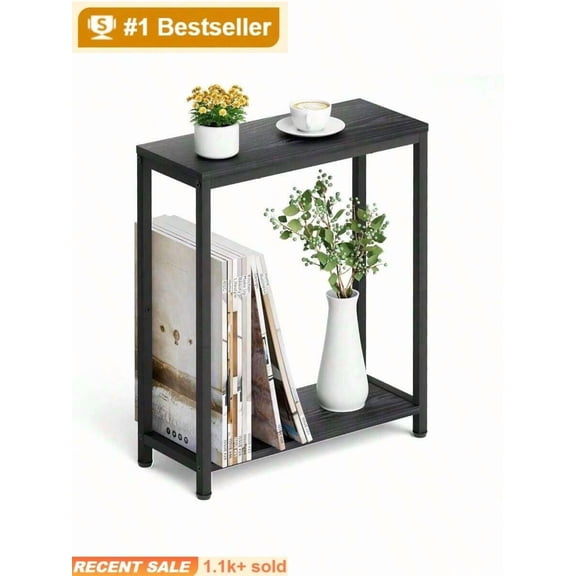 Narrow Small Side Table Small Space, 2 Tier Sofa End Table Living Room, Bedroom Beside Slim Nightstand, Rustic Brown And Classic Black