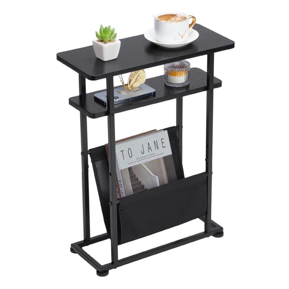 Narrow Small Side Table for Small Spaces - Slim End Table with Magazine Rack - 2 in 1 Narrow End Table Living Room - Skinny Bedside Table Nightstand Bedroom Thin Side Table, Black