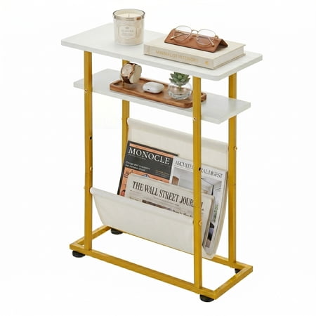 Narrow Small Side Table for Small Spaces - Slim End Table with Magazine Rack - 2 in 1 Narrow End Table Living Room - Skinny Bedside Table Nightstand Bedroom Thin Side Table (White & Gold)