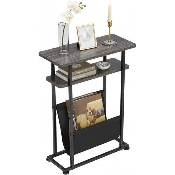 Narrow Small Side Table for Small Spaces - Slim End Table with Magazine Rack - 2 in 1 Narrow End Table Living Room - Skinny Bedside Table Nightstand Bedroom Thin Side Table, Grey