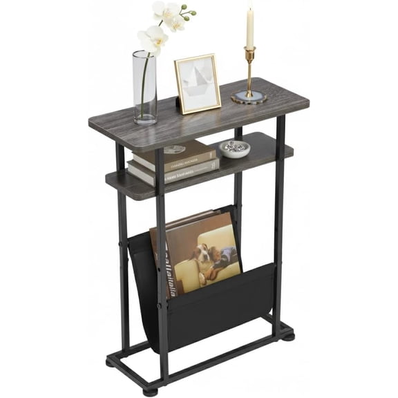 Narrow Small Side Table for Small Spaces - Slim End Table with Magazine Rack - 2 in 1 Narrow End Table Living Room - Skinny Bedside Table Nightstand Bedroom Thin Side Table, Grey