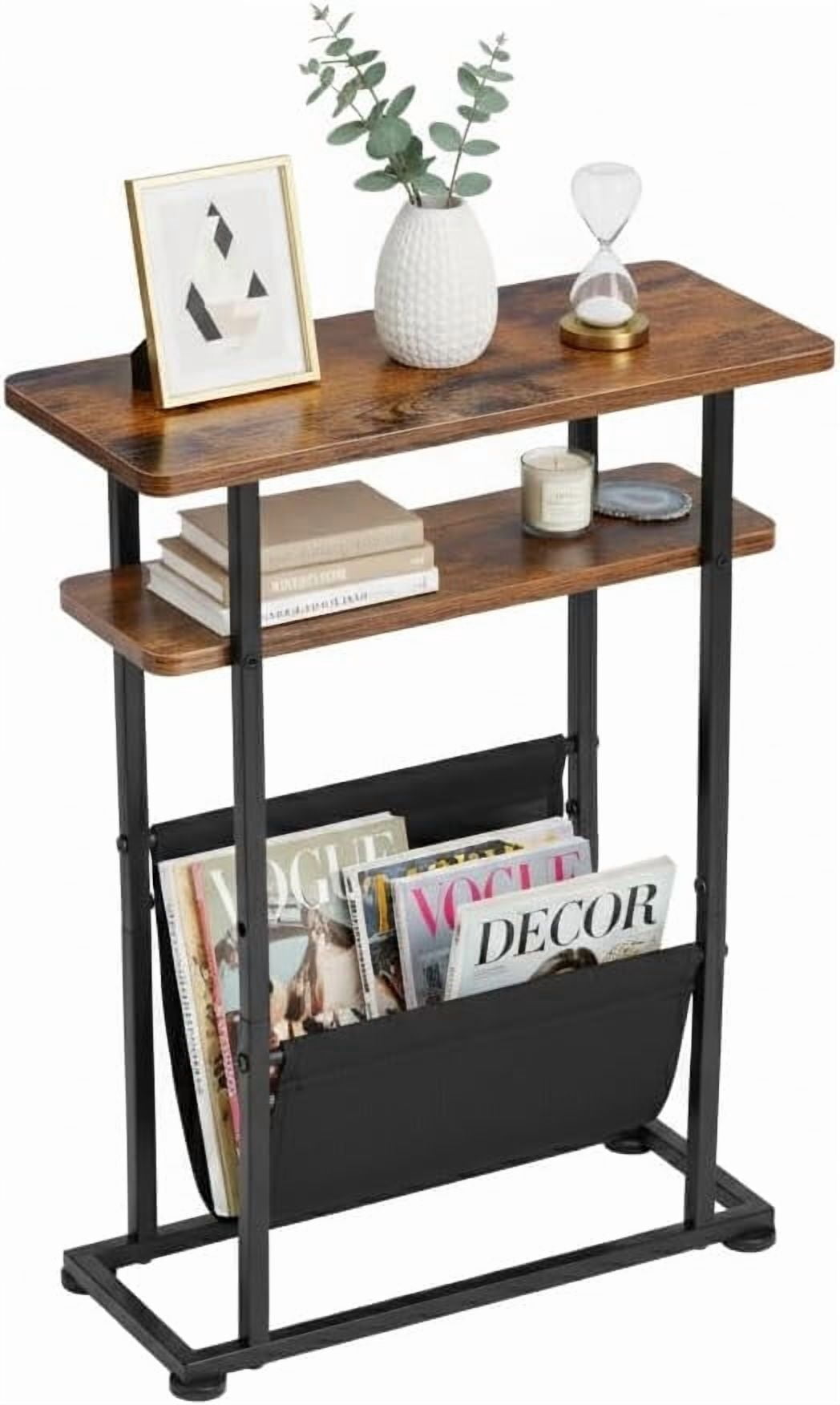 Narrow Small Side Table for Small Spaces - Slim End Table with Magazine Rack - 2 in 1 Narrow End Table Living Room - Skinny Bedside Table Nightstand Bedroom Thin Side Table, Rustic Brown