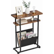 Narrow Small Side Table for Small Spaces - Slim End Table with Magazine Rack - 2 in 1 Narrow End Table Living Room - Skinny Bedside Table Nightstand Bedroom Thin Side Table, Rustic Brown